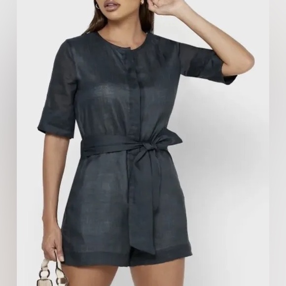 Host Pick 💙 Banana Republic Women’s Ramie romper green slate size 4 Petite - Picture 1 of 9